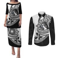 Philippines Eagle Sun Couples Matching Puletasi and Long Sleeve Button Shirt Filipino Agila Polynesian Tattoo Black Color