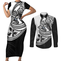 Philippines Eagle Sun Couples Matching Short Sleeve Bodycon Dress and Long Sleeve Button Shirt Filipino Agila Polynesian Tattoo Black Color