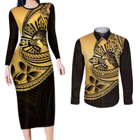 Philippines Eagle Sun Couples Matching Long Sleeve Bodycon Dress and Long Sleeve Button Shirt Filipino Agila Polynesian Tattoo Gold Color