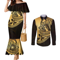 Philippines Eagle Sun Couples Matching Mermaid Dress and Long Sleeve Button Shirt Filipino Agila Polynesian Tattoo Gold Color
