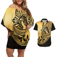 Philippines Eagle Sun Couples Matching Off Shoulder Short Dress and Hawaiian Shirt Filipino Agila Polynesian Tattoo Gold Color