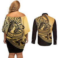 Philippines Eagle Sun Couples Matching Off Shoulder Short Dress and Long Sleeve Button Shirt Filipino Agila Polynesian Tattoo Gold Color