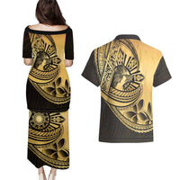 Philippines Eagle Sun Couples Matching Puletasi and Hawaiian Shirt Filipino Agila Polynesian Tattoo Gold Color