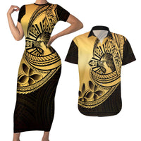 Philippines Eagle Sun Couples Matching Short Sleeve Bodycon Dress and Hawaiian Shirt Filipino Agila Polynesian Tattoo Gold Color