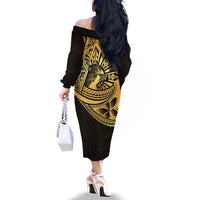 Philippines Eagle Sun Family Matching Off The Shoulder Long Sleeve Dress and Hawaiian Shirt Filipino Agila Polynesian Tattoo Gold Color