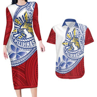 Philippines Eagle Sun Couples Matching Long Sleeve Bodycon Dress and Hawaiian Shirt Filipino Agila Polynesian Tattoo Flag Color