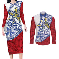 Philippines Eagle Sun Couples Matching Long Sleeve Bodycon Dress and Long Sleeve Button Shirt Filipino Agila Polynesian Tattoo Flag Color