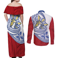 Philippines Eagle Sun Couples Matching Off Shoulder Maxi Dress and Long Sleeve Button Shirt Filipino Agila Polynesian Tattoo Flag Color