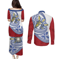 Philippines Eagle Sun Couples Matching Puletasi and Long Sleeve Button Shirt Filipino Agila Polynesian Tattoo Flag Color