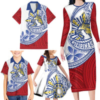 Philippines Eagle Sun Family Matching Long Sleeve Bodycon Dress and Hawaiian Shirt Filipino Agila Polynesian Tattoo Flag Color