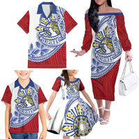 Philippines Eagle Sun Family Matching Off The Shoulder Long Sleeve Dress and Hawaiian Shirt Filipino Agila Polynesian Tattoo Flag Color