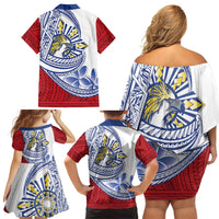 Philippines Eagle Sun Family Matching Off Shoulder Short Dress and Hawaiian Shirt Filipino Agila Polynesian Tattoo Flag Color