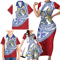 Philippines Eagle Sun Family Matching Short Sleeve Bodycon Dress and Hawaiian Shirt Filipino Agila Polynesian Tattoo Flag Color