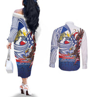 Filipino American History Month Couples Matching Off The Shoulder Long Sleeve Dress and Long Sleeve Button Shirt Philippines Agila USA Eagle Mix Flag