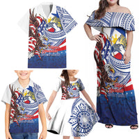 Filipino American History Month Family Matching Off Shoulder Maxi Dress and Hawaiian Shirt Philippines Agila USA Eagle Mix Flag