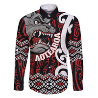Personalised Aotearoa Bulldog Family Matching Off Shoulder Short Dress and Hawaiian Shirt New Zealand Maori Taniko Art LT14 Dad's Shirt - Long Sleeve Red - Polynesian Pride