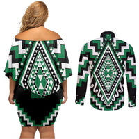 Green Aotearoa Taniko Poutama Patikitiki Couples Matching Off Shoulder Short Dress and Long Sleeve Button Shirt