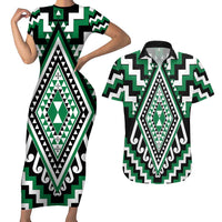 Green Aotearoa Taniko Poutama Patikitiki Couples Matching Short Sleeve Bodycon Dress and Hawaiian Shirt