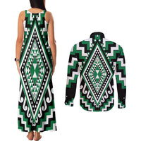 Green Aotearoa Taniko Poutama Patikitiki Couples Matching Tank Maxi Dress and Long Sleeve Button Shirt