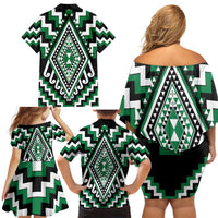 Green Aotearoa Taniko Poutama Patikitiki Family Matching Off Shoulder Short Dress and Hawaiian Shirt