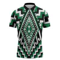 Green New Zealand Taniko Poutama Patikitiki Zipper Polo Shirt - Polynesian Pride