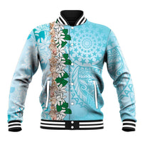 Cook Islands Tiare Maori With Conch Shell Baseball Jacket Pasifika Fest Polynesian Tattoo Turquoise LT14 Unisex Turquoise - Polynesian Pride