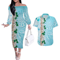 Cook Islands Tiare Maori With Conch Shell Couples Matching Off The Shoulder Long Sleeve Dress and Hawaiian Shirt Pasifika Fest Polynesian Tattoo Turquoise