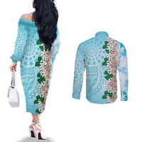 Cook Islands Tiare Maori With Conch Shell Couples Matching Off The Shoulder Long Sleeve Dress and Long Sleeve Button Shirt Pasifika Fest Polynesian Tattoo Turquoise