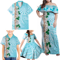 Cook Islands Tiare Maori With Conch Shell Family Matching Off Shoulder Maxi Dress and Hawaiian Shirt Pasifika Fest Polynesian Tattoo Turquoise
