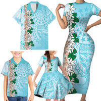 Cook Islands Tiare Maori With Conch Shell Family Matching Short Sleeve Bodycon Dress and Hawaiian Shirt Pasifika Fest Polynesian Tattoo Turquoise