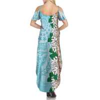 Cook Islands Tiare Maori With Conch Shell Family Matching Summer Maxi Dress and Hawaiian Shirt Pasifika Fest Polynesian Tattoo Turquoise