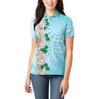 Cook Islands Tiare Maori With Conch Shell Women Polo Shirt Pasifika Fest Polynesian Tattoo Turquoise