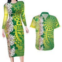 Cook Islands Tiare Maori With Conch Shell Couples Matching Long Sleeve Bodycon Dress and Hawaiian Shirt Pasifika Fest Polynesian Tattoo Green LT14 Green - Polynesian Pride