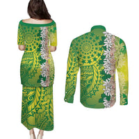 Cook Islands Tiare Maori With Conch Shell Couples Matching Puletasi and Long Sleeve Button Shirt Pasifika Fest Polynesian Tattoo Green
