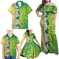 Cook Islands Tiare Maori With Conch Shell Family Matching Off Shoulder Maxi Dress and Hawaiian Shirt Pasifika Fest Polynesian Tattoo Green