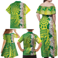 Cook Islands Tiare Maori With Conch Shell Family Matching Off Shoulder Maxi Dress and Hawaiian Shirt Pasifika Fest Polynesian Tattoo Green