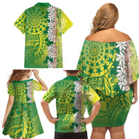 Cook Islands Tiare Maori With Conch Shell Family Matching Off Shoulder Short Dress and Hawaiian Shirt Pasifika Fest Polynesian Tattoo Green