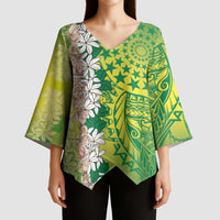 Cook Islands Tiare Maori With Conch Shell Kimono Sleeve Blouse Pasifika Fest Polynesian Tattoo Green