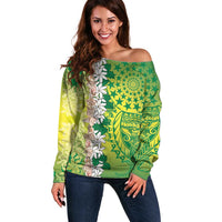 Cook Islands Tiare Maori With Conch Shell Off Shoulder Sweater Pasifika Fest Polynesian Tattoo Green