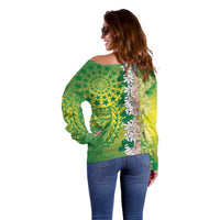 Cook Islands Tiare Maori With Conch Shell Off Shoulder Sweater Pasifika Fest Polynesian Tattoo Green