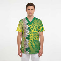 Cook Islands Tiare Maori With Conch Shell Scrub Top Pasifika Fest Polynesian Tattoo Green