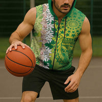 Cook Islands Tiare Maori With Conch Shell Sleeveless Zip Hoodie Pasifika Fest Polynesian Tattoo Green