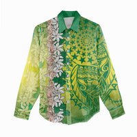 Cook Islands Tiare Maori With Conch Shell Women Casual Shirt Pasifika Fest Polynesian Tattoo Green