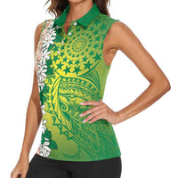 Cook Islands Tiare Maori With Conch Shell Women Sleeveless Polo Shirt Pasifika Fest Polynesian Tattoo Green