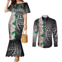 Cook Islands Tiare Maori With Conch Shell Couples Matching Mermaid Dress and Long Sleeve Button Shirt Pasifika Fest Polynesian Tattoo Black