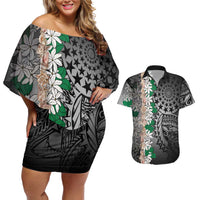 Cook Islands Tiare Maori With Conch Shell Couples Matching Off Shoulder Short Dress and Hawaiian Shirt Pasifika Fest Polynesian Tattoo Black