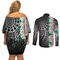 Cook Islands Tiare Maori With Conch Shell Couples Matching Off Shoulder Short Dress and Long Sleeve Button Shirt Pasifika Fest Polynesian Tattoo Black
