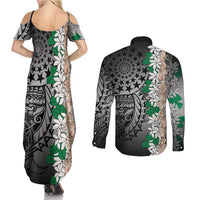 Cook Islands Tiare Maori With Conch Shell Couples Matching Summer Maxi Dress and Long Sleeve Button Shirt Pasifika Fest Polynesian Tattoo Black
