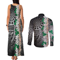 Cook Islands Tiare Maori With Conch Shell Couples Matching Tank Maxi Dress and Long Sleeve Button Shirt Pasifika Fest Polynesian Tattoo Black