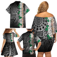 Cook Islands Tiare Maori With Conch Shell Family Matching Off Shoulder Short Dress and Hawaiian Shirt Pasifika Fest Polynesian Tattoo Black